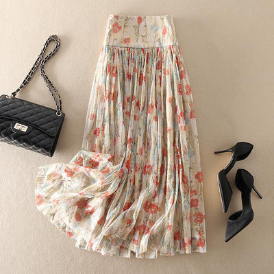 High Waist Floral Gauzy Pleated Mid-length Skirt - MODE BY OH
