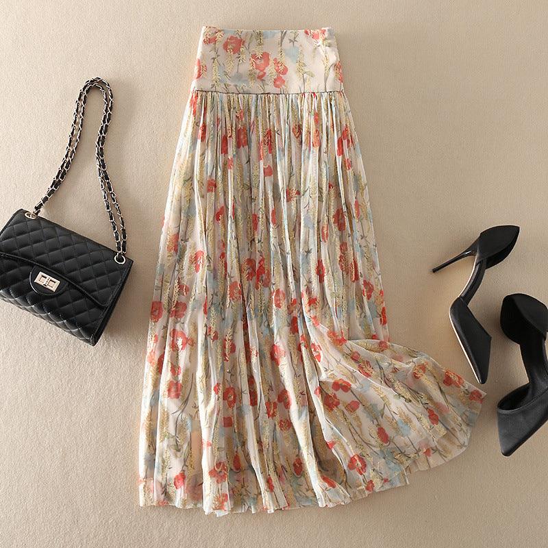 High Waist Floral Gauzy Pleated Mid-length Skirt - MODE BY OH