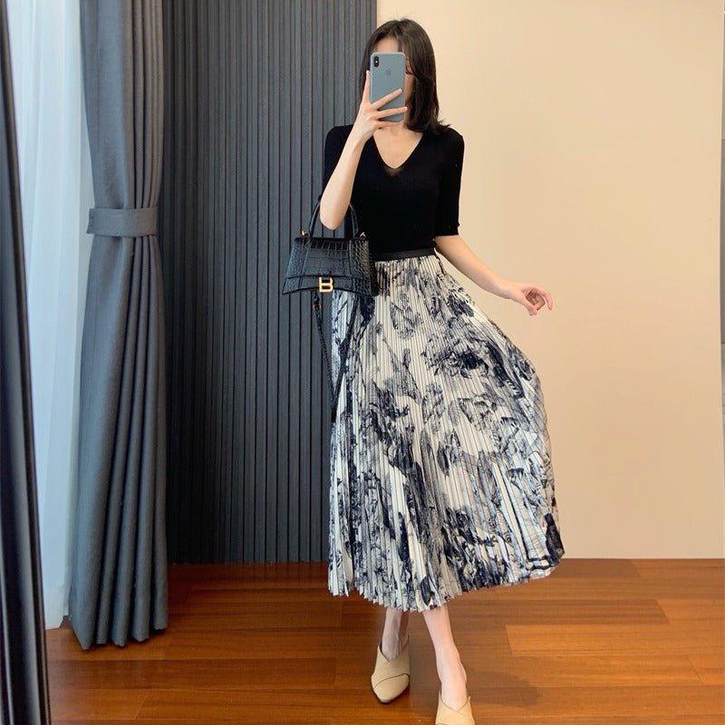 High Waist Skirt Women's Elastic Waist Ink Painting Printed Pleated Skirt | MODE BY OH