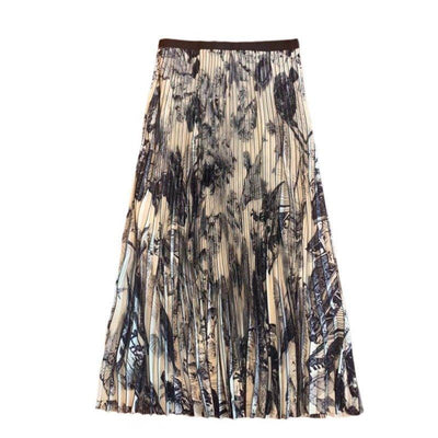 High Waist Skirt Women's Elastic Waist Ink Painting Printed Pleated Skirt | MODE BY OH