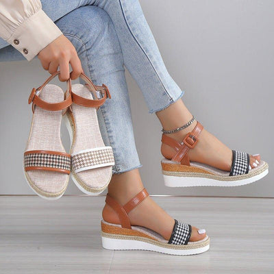 Houndstooth Print Sandals Women Summer Buckle Dress Shoes | MODE BY OH