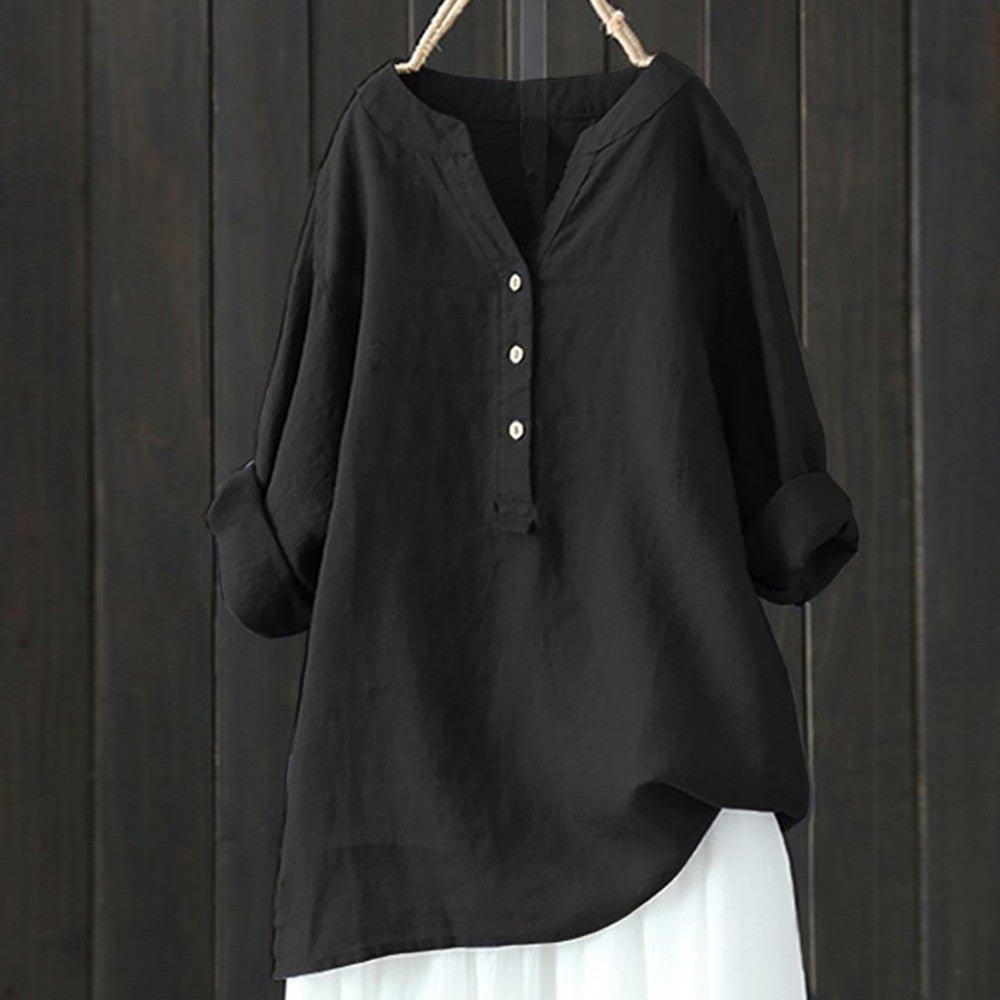 Loose Solid Color Stand Collar Button Long Sleeve Cotton And Linen Top | MODE BY OH