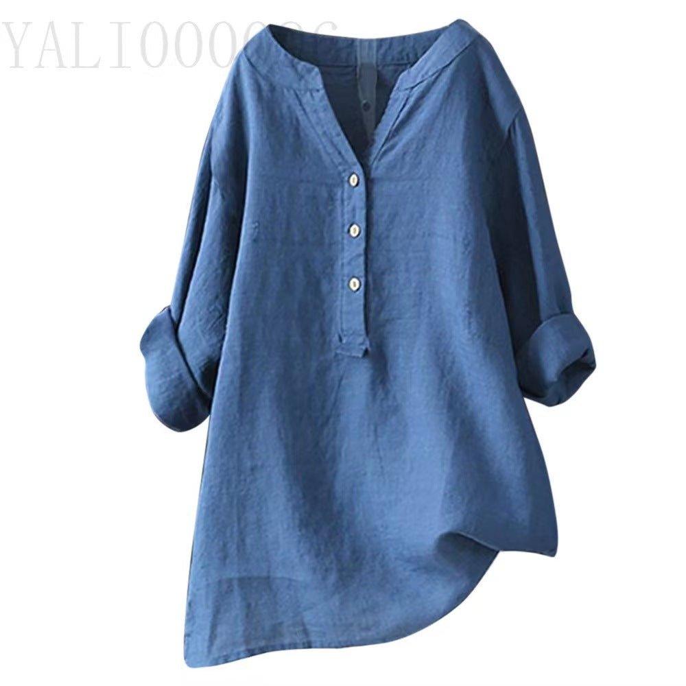 Loose Solid Color Stand Collar Button Long Sleeve Cotton And Linen Top | MODE BY OH