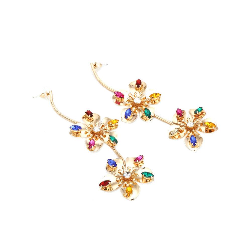 Metal Flower Colorful Crystals Five Petal Flower Earrings - MODE BY OH