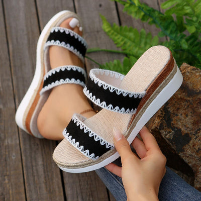 New Hemp Rope Woven Wedge Slippers Summer Ethnic Style Sandals Double Wide Strap Shoes For Women - MODE BY OH
