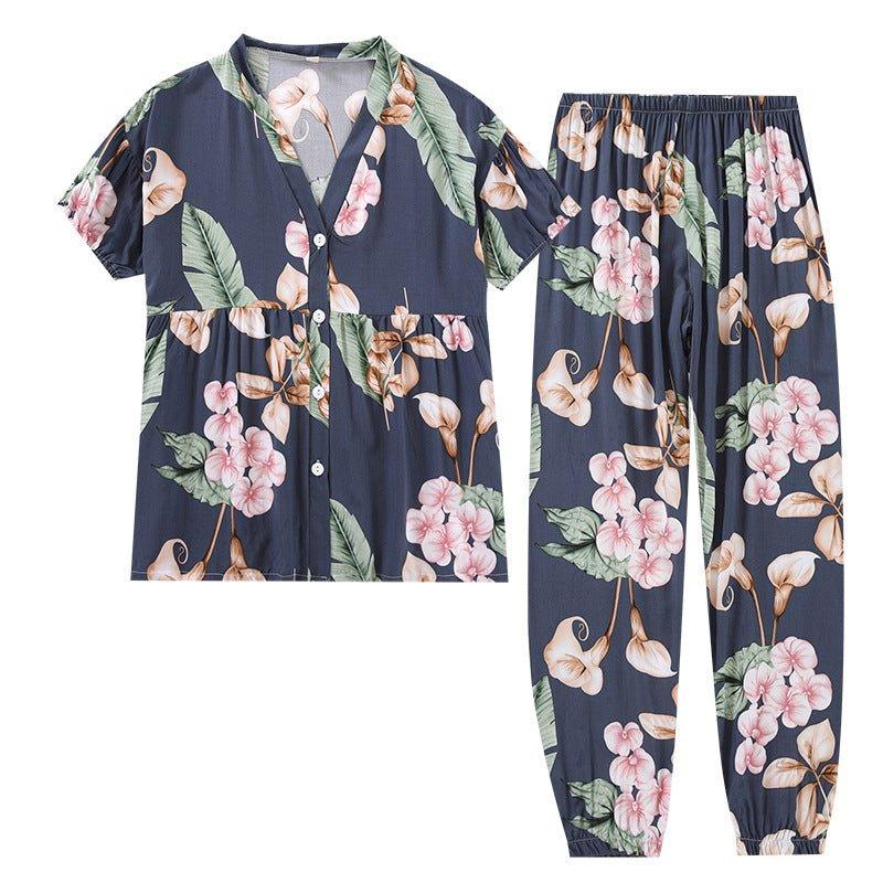 Pajamas Suit Short-sleeved Trousers V-neck Printed Thin Homewear | MODE BY OH