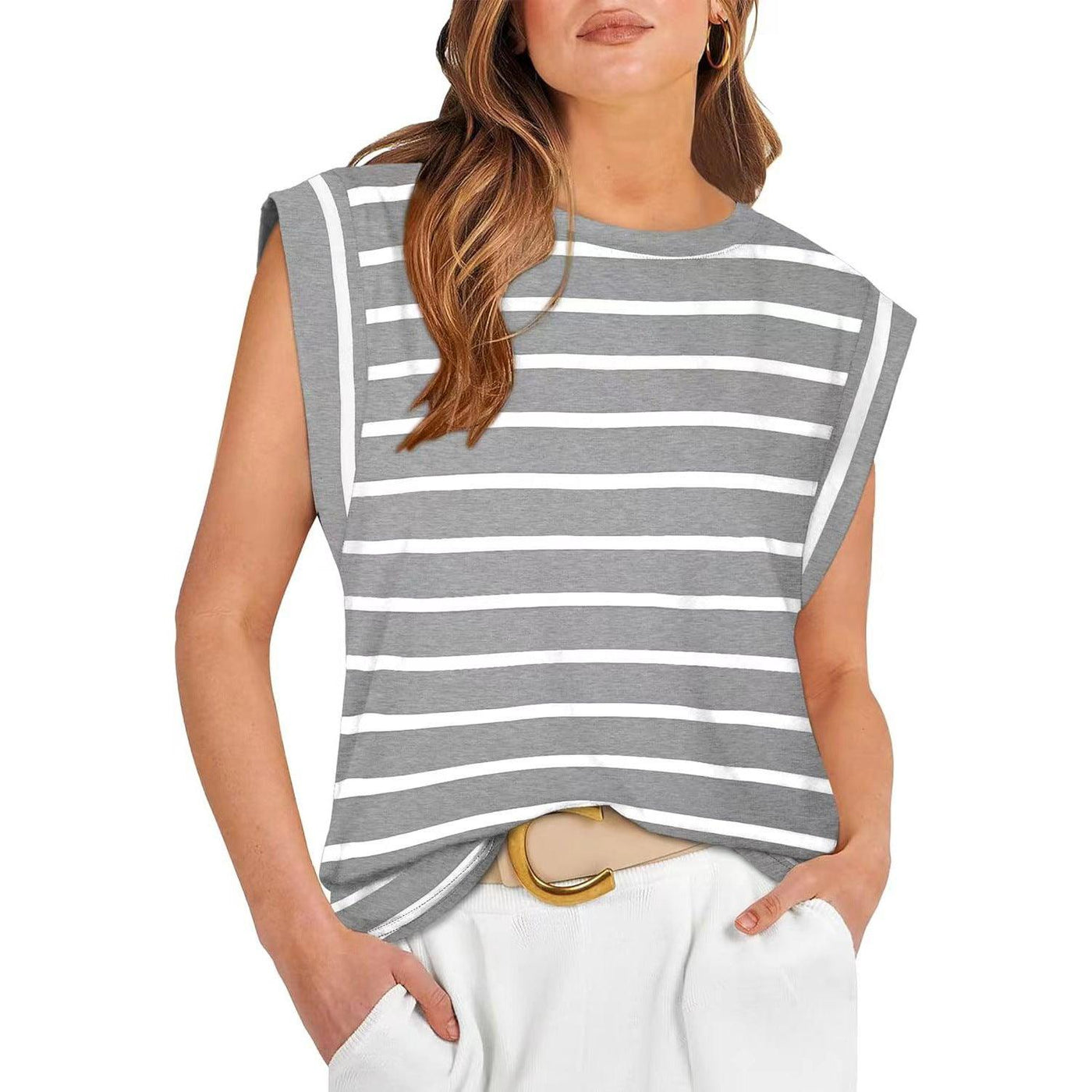 Round Neck Loose Short Sleeves T-shirt Striped Top | MODE BY OH