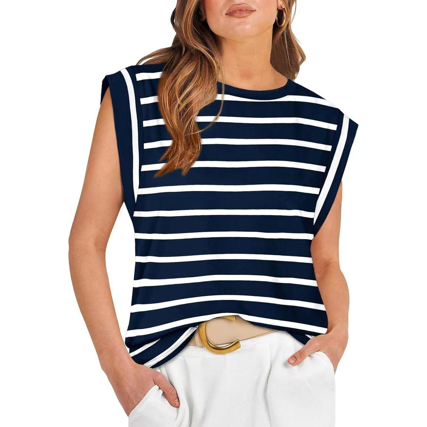Round Neck Loose Short Sleeves T-shirt Striped Top | MODE BY OH