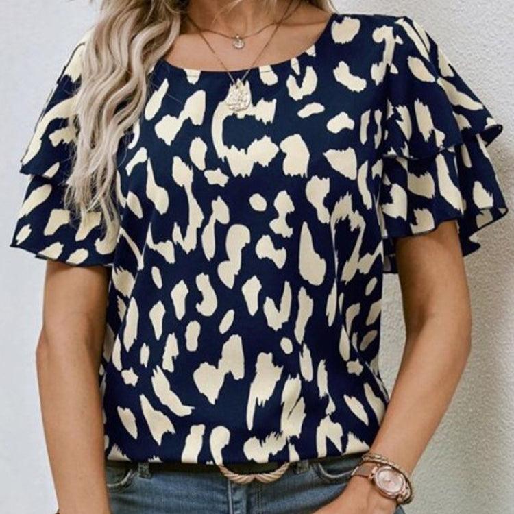 Round Neck Printed Loose Casual Short Sleeve blouse - MODE BY OH