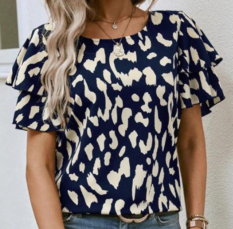 Round Neck Printed Loose Casual Short Sleeve blouse - MODE BY OH