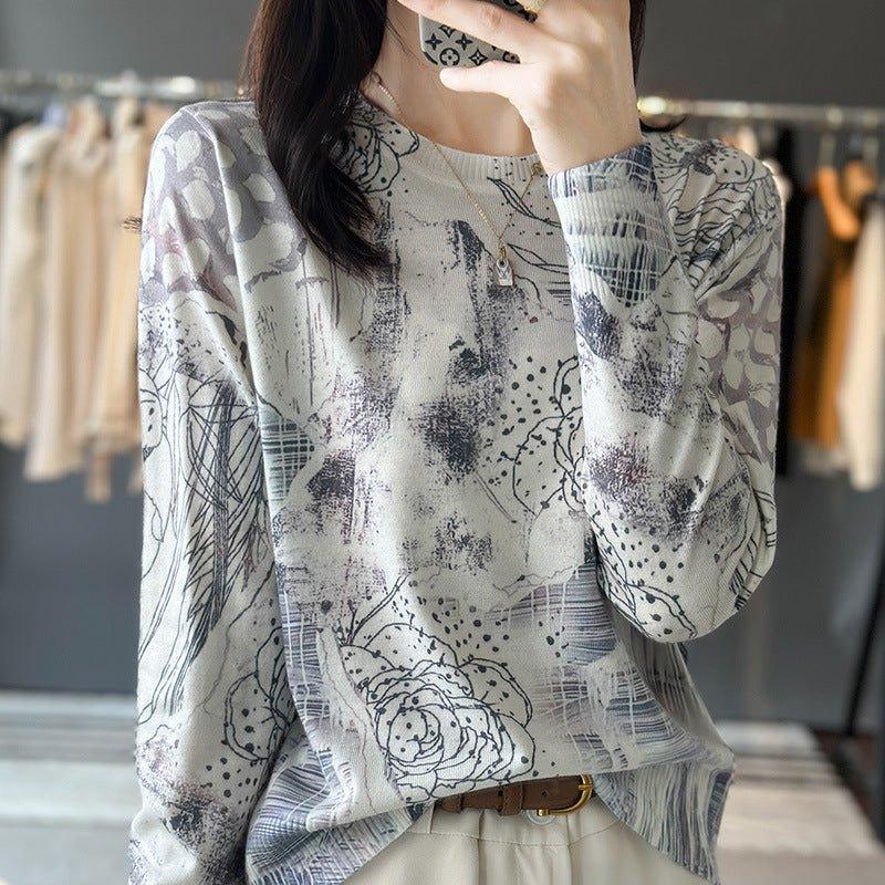 Round Neck Printed Silk Worsted Wool Sweater Pullover | MODE BY OH