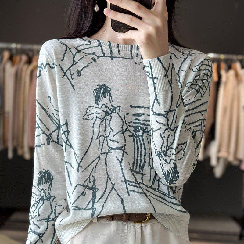 Round Neck Printed Silk Worsted Wool Sweater Pullover | MODE BY OH