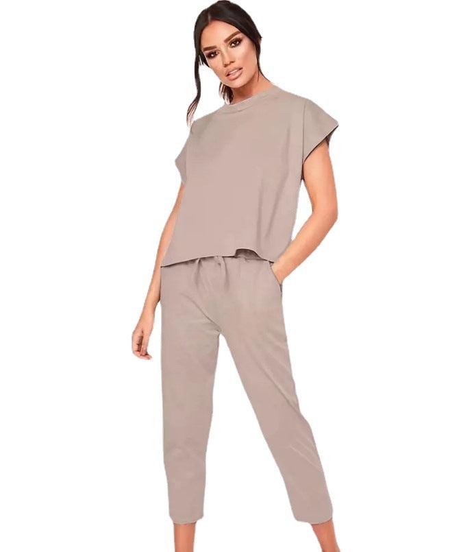 Short Sleeve Round Neck Top And Drawstring Cropped Pants Set | MODE BY OH