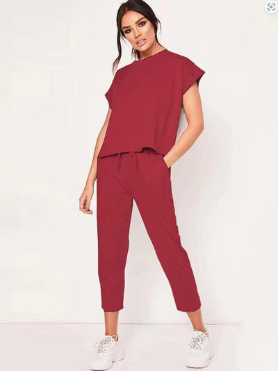 Short Sleeve Round Neck Top And Drawstring Cropped Pants Set | MODE BY OH