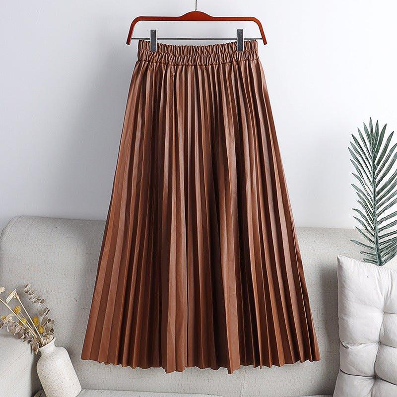 Solid Color Mid-length High Waist PU Leather Pleated Skirt For Women | MODE BY OH