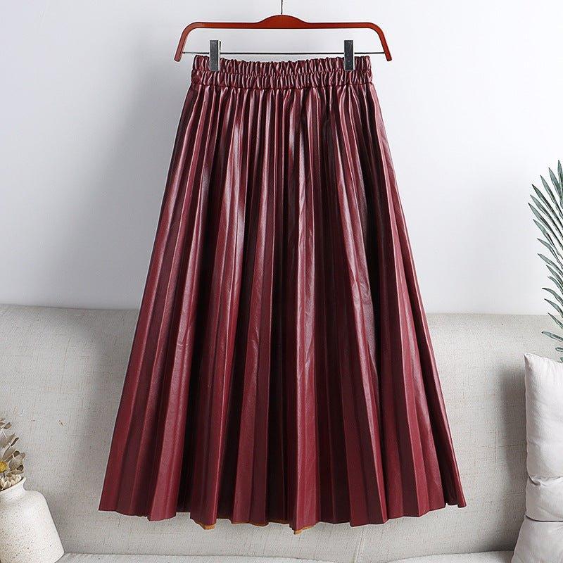 Solid Color Mid-length High Waist PU Leather Pleated Skirt For Women | MODE BY OH