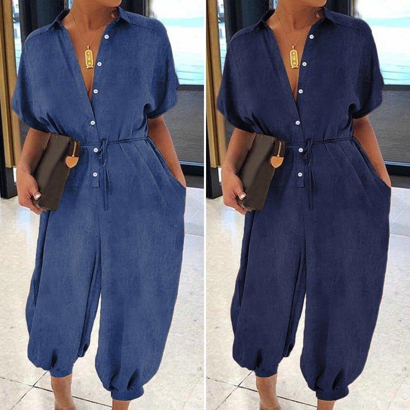 Solid Color Plus Size Casual Short Sleeve Denim Jumpsuit | MODE BY OH