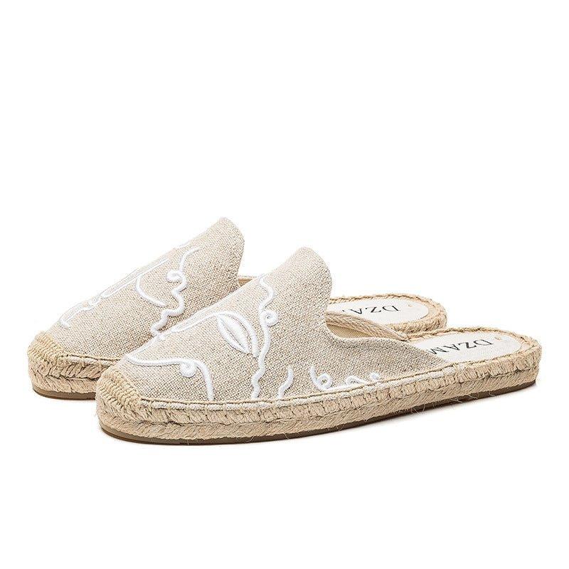 Straw flat embroidered sandals and slippers | MODE BY OH