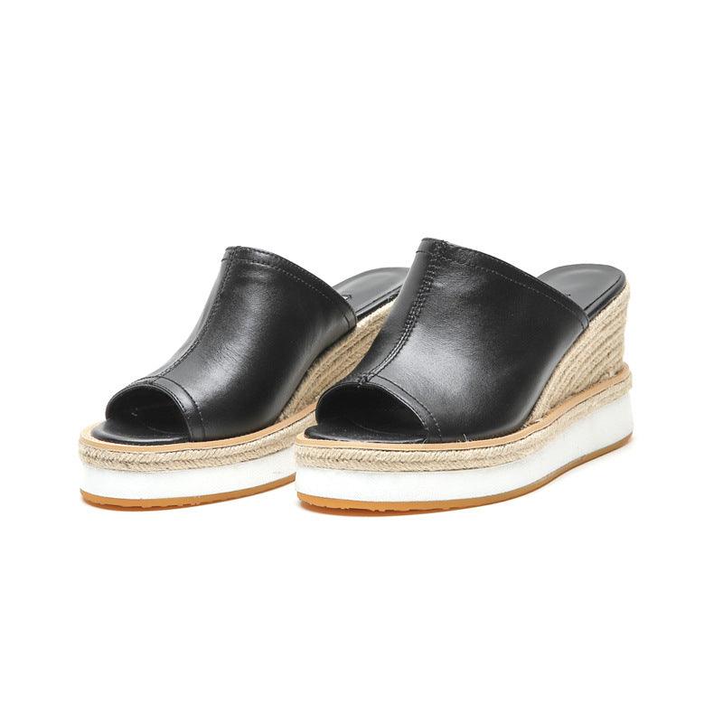 Straw Leather Wedge Sandals And Slippers | MODE BY OH