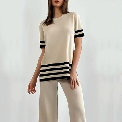 Striped Slit Short-sleeved Sweater Wide-leg Pants Two-piece Set | MODE BY OH