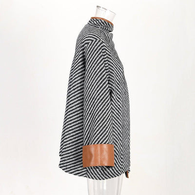 Women's Autumn And Winter Maillard Scarf Collar Striped Woolen Coat | MODE BY OH