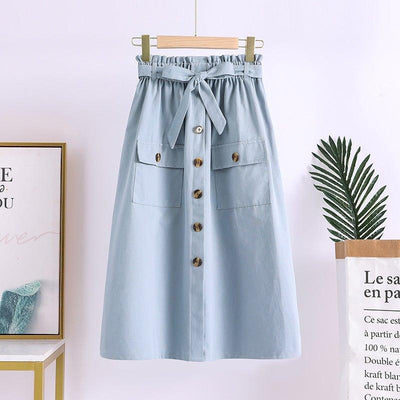 Summer New Artistic Solid Color Buttons Mid-length Skirt Mori Girl Elastic Waist Cotton And Linen A- Line Skirt | MODE BY OH