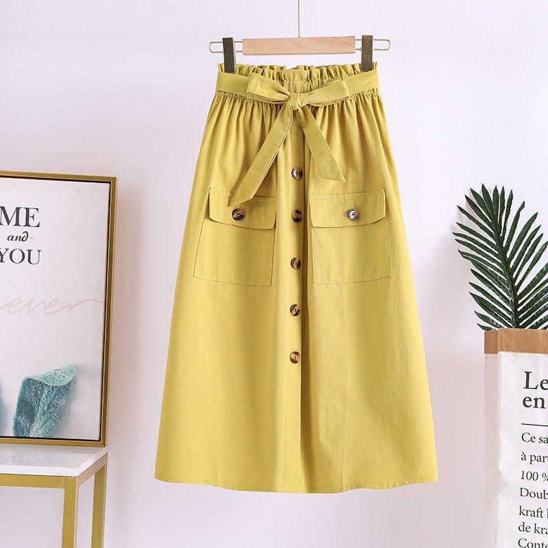 Summer New Artistic Solid Color Buttons Mid-length Skirt Mori Girl Elastic Waist Cotton And Linen A- Line Skirt | MODE BY OH