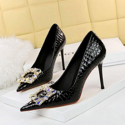 Banquet high heels thin women shoes stiletto super high heel shallow mouth pointed metal rhinestone buckle single shoes - MODE BY OH