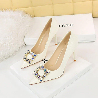 Banquet high heels thin women shoes stiletto super high heel shallow mouth pointed metal rhinestone buckle single shoes - MODE BY OH