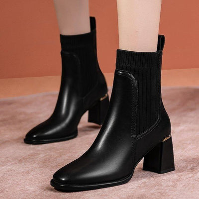 Spring, Autumn, and Winter New Women's Boots Thick Heel Square Head Short Boots Women's High Heel Knitted Woolen Socks Boots Elastic Martin Boots | MODE BY OH