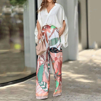 V-neck Batwing Sleeve Fashion Printed High Waist Wide Leg Pants Suit | MODE BY OH