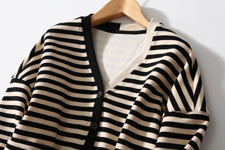V-neck Horizontal Stripes Hit Color Casual Cardigan | MODE BY OH