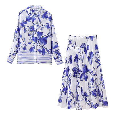 Women's Fashion Long Sleeve Blue Flower Print Shirt Skirt | MODE BY OH