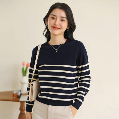 Women's Fashionable Round Neck Striped Cotton Sweater | MODE BY OH