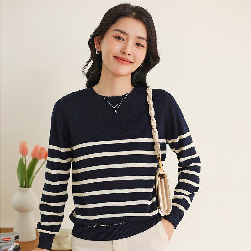Women's Fashionable Round Neck Striped Cotton Sweater | MODE BY OH