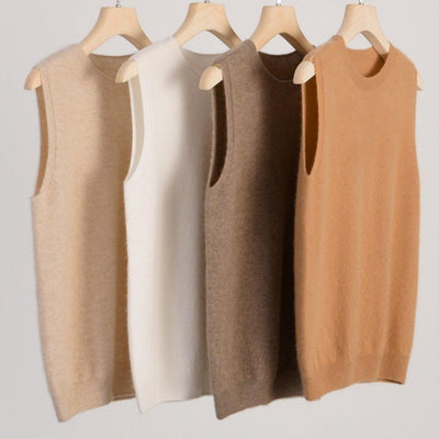 Women's Round Neck Sleeveless Pure Wool Sweater | MODE BY OH