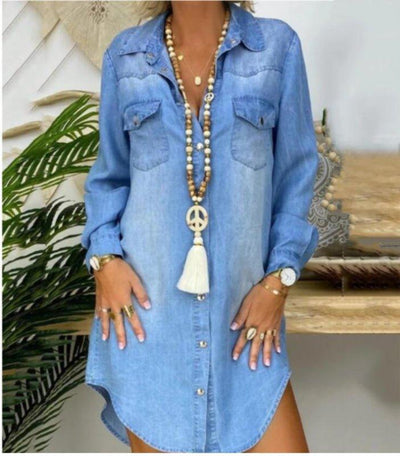 Women's Solid Color Single-breasted Long Sleeve Denim Dress | MODE BY OH