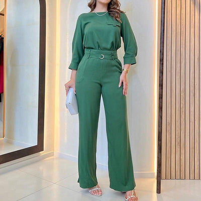 Women's Stylish Loose Round Neck Long-sleeved Top Wide-leg Trousers Set | MODE BY OH