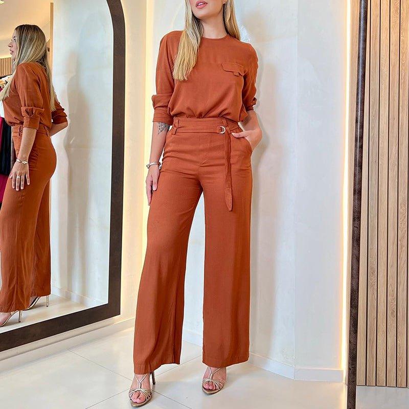 Women's Stylish Loose Round Neck Long-sleeved Top Wide-leg Trousers Set | MODE BY OH