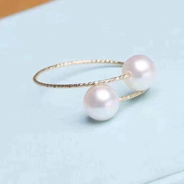 buy 18k gold pearl elastic ring au750 color gold adjustable - 0