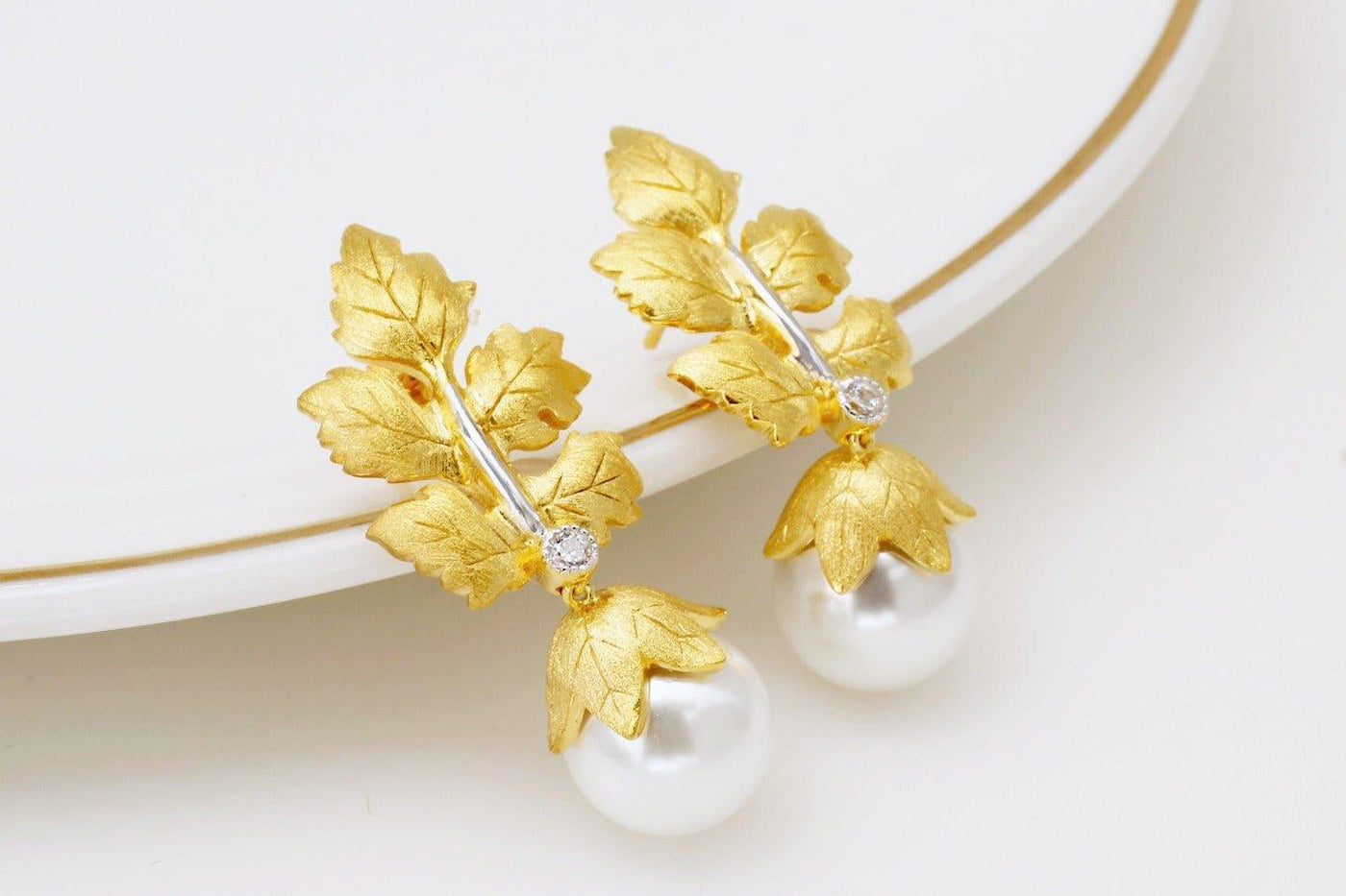 925 Silver Gold Leaf Bead Earrings - MODE BY OH