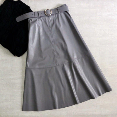 AutumnWinter Skirt PU Leather Skirt Metal Buckle Belt - MODE BY OH