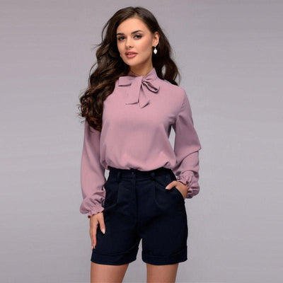 Chiffon Shirt Sexy Stand Collar Tied Long Sleeve Shirt - MODE BY OH