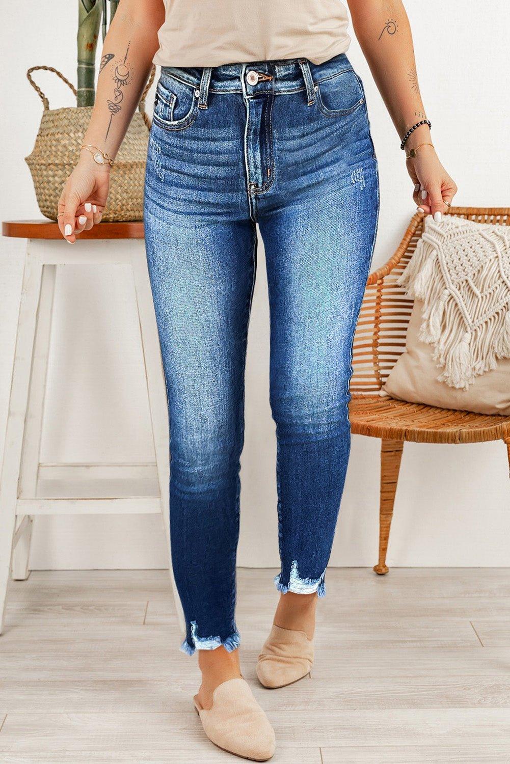 Dark Blue Casual Raw Hem Ankle Length Skinny Jeans | MODE BY OH
