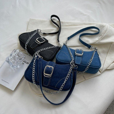 Denim Shoulder Bags Women's Fashion Chains Handbag Crossbody Bags Small Square Armpit Bag | MODE BY OH