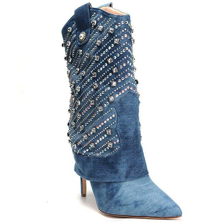 Heavy Industry Pointed Toe Stiletto Rhinestone Women's Boots Jeans Pipe Boots | MODE BY OH