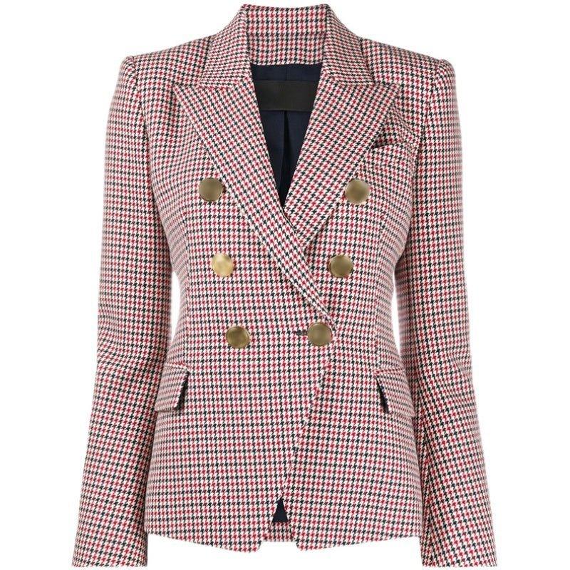Houndstooth Small Jacket Women Long-Sleeved Double-Breasted Plaid Blazer | MODE BY OH