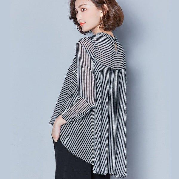 Slim Slimming Long-Sleeved Doll Collar Striped Chiffon Shirt Blouse Women | MODE BY OH