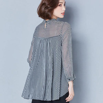 Slim Slimming Long-Sleeved Doll Collar Striped Chiffon Shirt Blouse Women | MODE BY OH