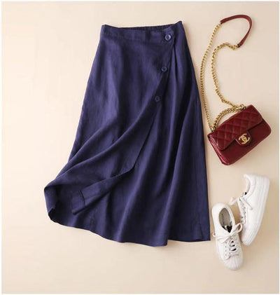 Women's New Casual Cotton Linen Medium Long Elastic Waist Skirt | MODE BY OH